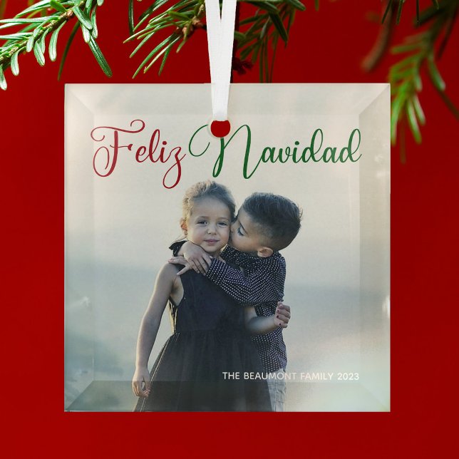 Feliz Navidad Beautiful Family Photo Christmas Glass Tree Decoration (Creator Uploaded)