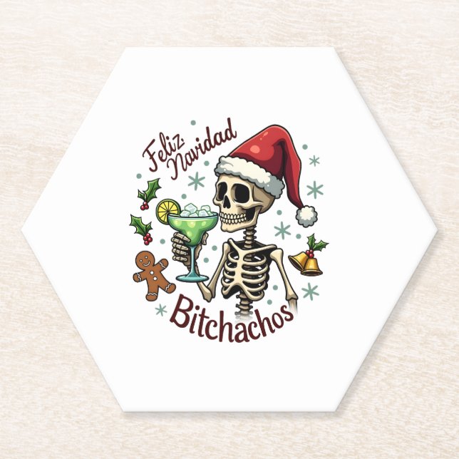 Feliz Navidad Bitchachos Funny Skull Spanish Merry Paper Coaster (Front)
