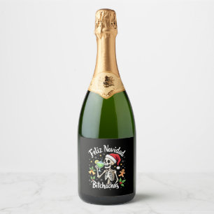 Feliz Navidad Bitchachos Funny Skull Spanish Merry Sparkling Wine Label