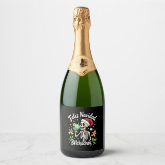 Feliz Navidad Bitchachos Funny Skull Spanish Merry Sparkling Wine Label