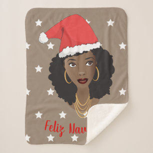 Feliz Navidad, Black Woman, White Stars, Brown Sherpa Blanket