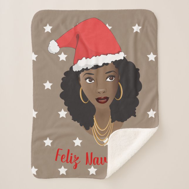 Feliz Navidad, Black Woman, White Stars, Brown Sherpa Blanket (Front)