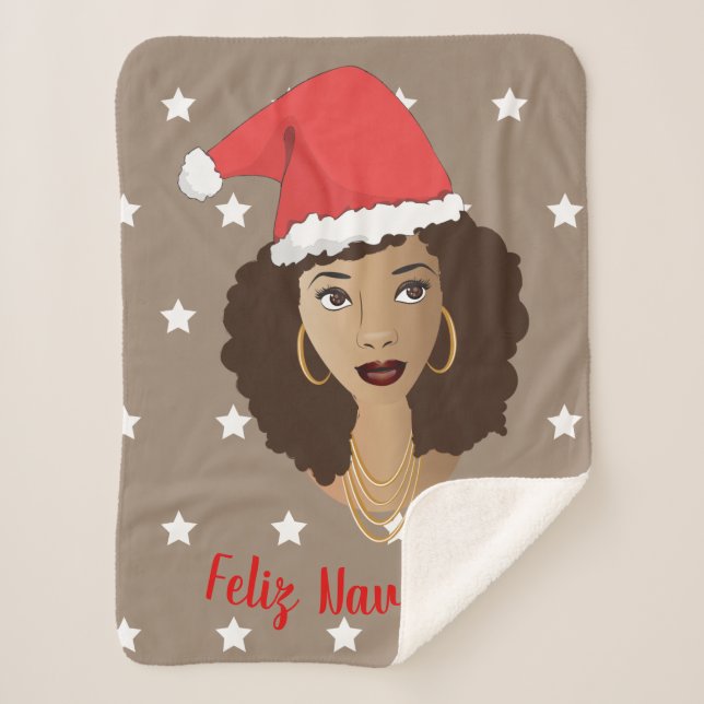 Feliz Navidad, Black Woman, White Stars, Brown Sherpa Blanket (Front)