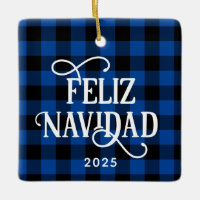 Feliz Navidad Blue Buffalo Plaid Family Photo