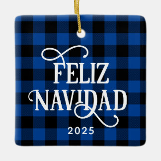 Feliz Navidad Blue Buffalo Plaid Family Photo Ceramic Ornament