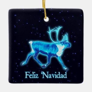 Feliz Navidad - Blue Caribou (Reindeer) Ceramic Tree Decoration