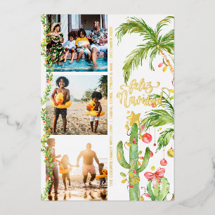 Feliz Navidad   Cactus Christmas Photo Collage Foil Holiday Card