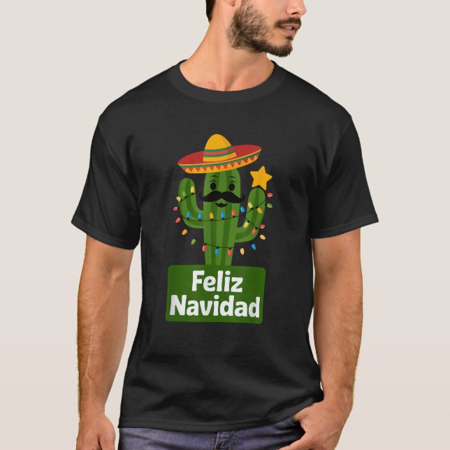 Feliz Navidad Cactus Funny Mexican Christmas Light T-Shirt (Front)