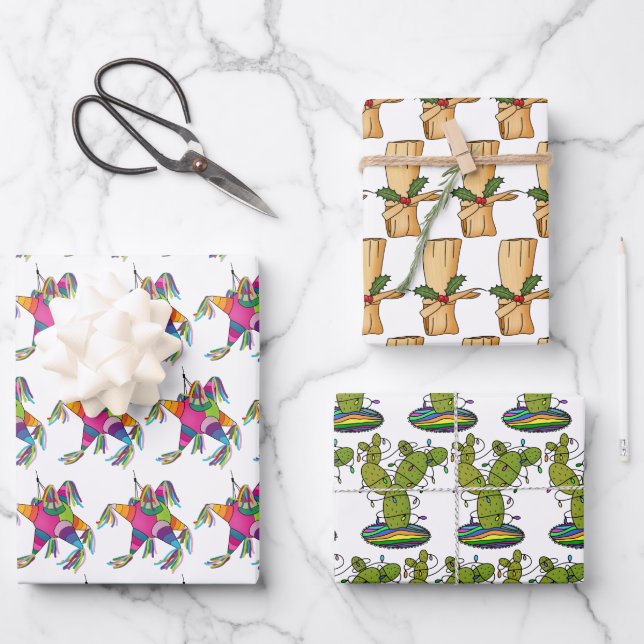 Feliz Navidad Cactus, Tamale & Piñata Wrapping Paper Sheet (Front)