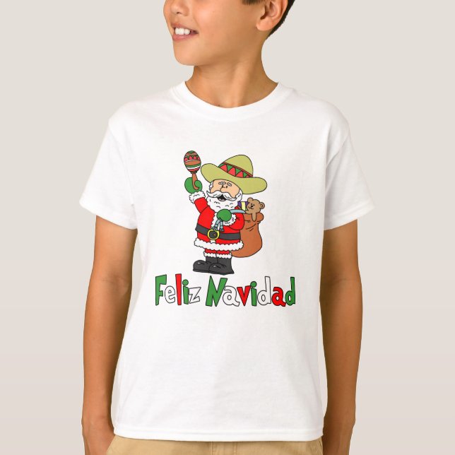 Feliz Navidad Cartoon Santa Sombrero Maracas T-Shirt (Front)