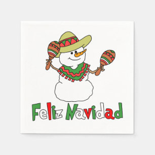 Feliz Navidad Cartoon Snowman Sombrero Maracas Napkin