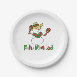 Feliz Navidad Cartoon Snowman Sombrero Maracas Paper Plate