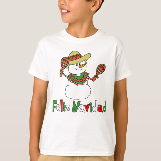Feliz Navidad Cartoon Snowman Sombrero Maracas T-Shirt (Front)