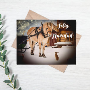 Feliz Navidad Christmas night farm with horse Holiday Postcard