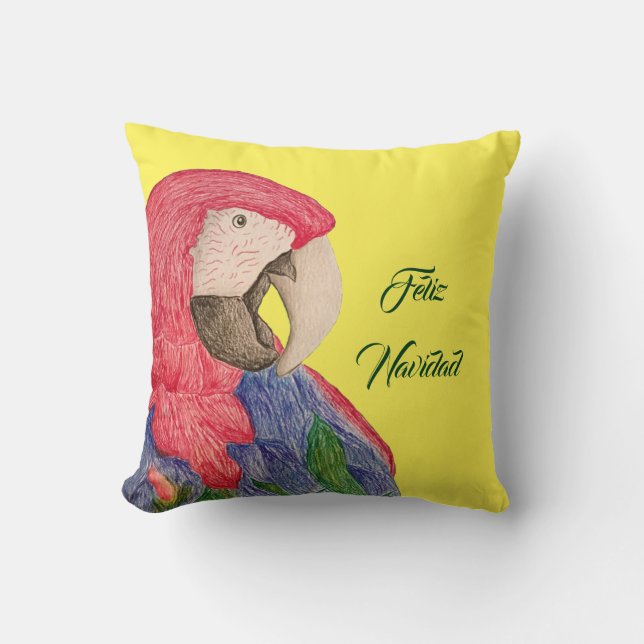 Feliz Navidad Christmas Parrot Red Macaw Cushion (Front)