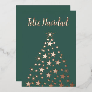 Feliz Navidad Christmas Tree Stars Rose Gold   Foil Holiday Card