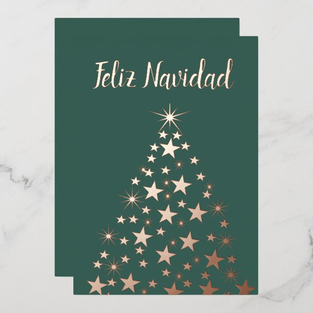 Feliz Navidad Christmas Tree Stars Rose Gold   Foil Holiday Card (Front/Back)