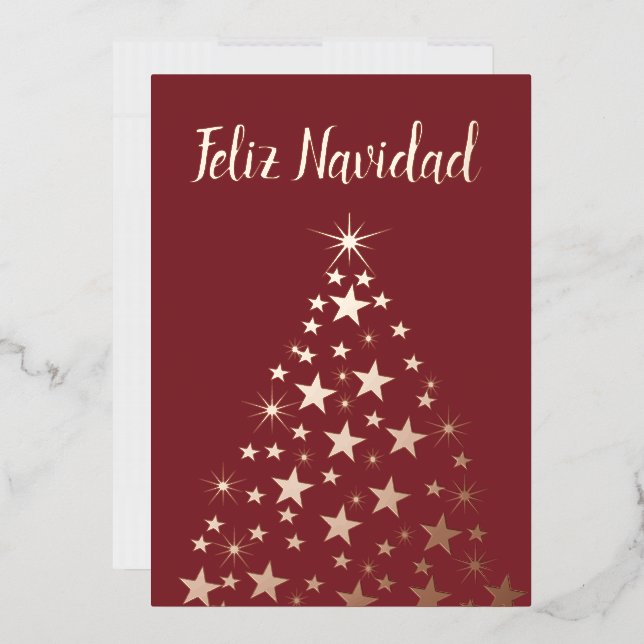 Feliz Navidad Christmas Tree Stars Rose Gold    Foil Holiday Card (Envelope)