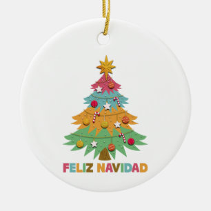 Feliz Navidad Colourful Xmas Tree Spanish Christma Ceramic Tree Decoration