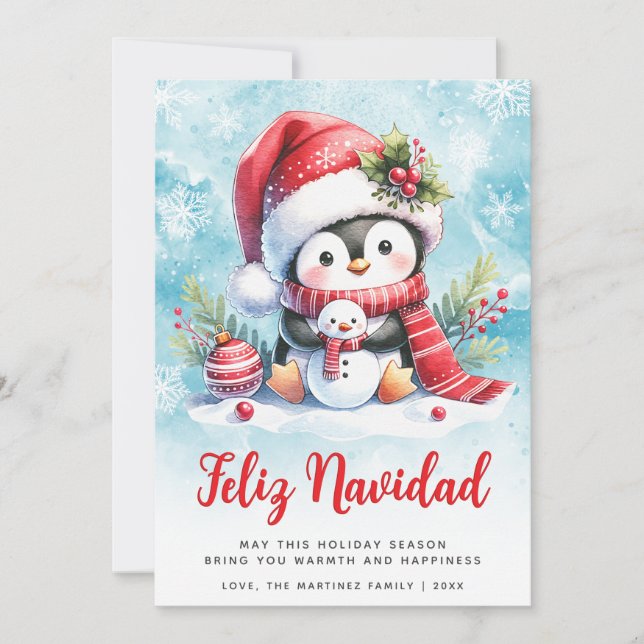 Feliz Navidad Cute Penguin Spanish Christmas Holiday Card (Front)
