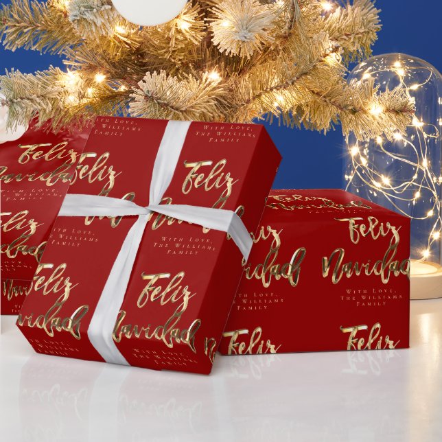 Feliz Navidad Elegant Red and Gold Script Wrapping Paper (Holidays)