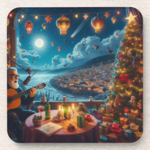 Feliz Navidad Festive Guitar Player Coastal Town Coaster