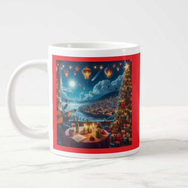 Feliz Navidad Festive Guitar Player Coastal Town Large Coffee Mug (Left)