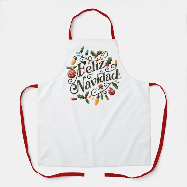 Feliz Navidad Festive Retro Light Bulbs and Holly Apron (Front)