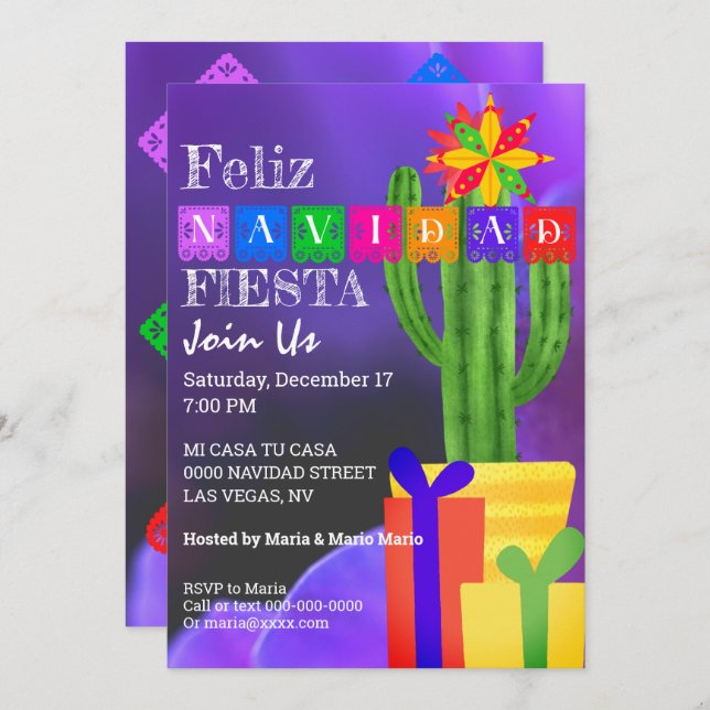 Feliz Navidad Fiesta Green Cactus On Purple Invitation (Front/Back)