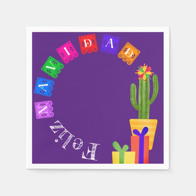 Feliz Navidad Fiesta Green Cactus On Purple Napkin (Front)