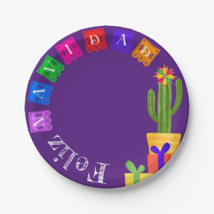 Feliz Navidad Fiesta Green Cactus On Purple Paper Plate