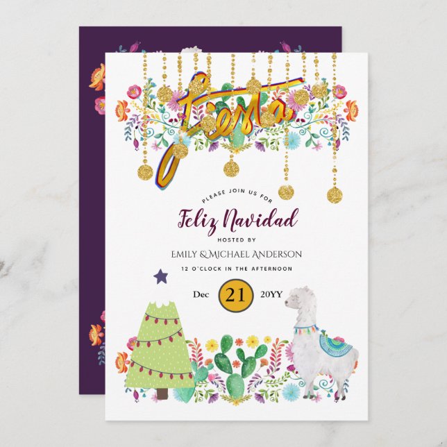 Feliz Navidad Fiesta Invitation Folk Flowers Llama (Front/Back)