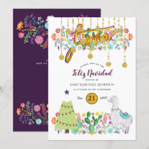 Feliz Navidad Fiesta Invitation Folk Flowers Llama