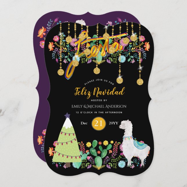 Feliz Navidad Fiesta Invitation Folk Flowers Llama (Front/Back)