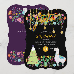 Feliz Navidad Fiesta Invitation Folk Flowers Llama