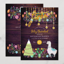 Feliz Navidad Fiesta Invitation Folk Flowers Llama