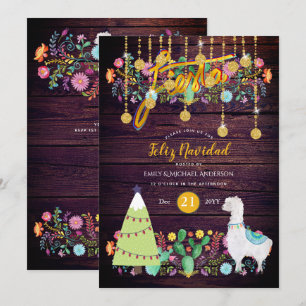 Feliz Navidad Fiesta Invitation Folk Flowers Llama