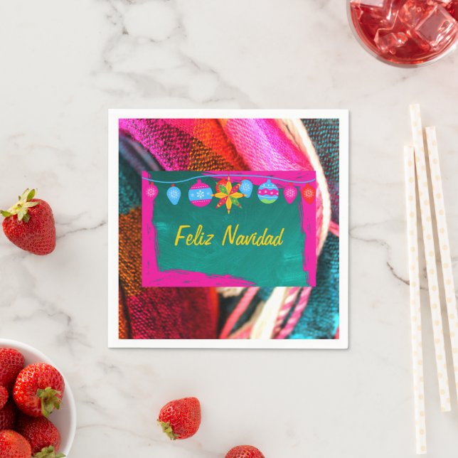 Feliz Navidad Fiesta On Pink & Green Sarape Napkin (Insitu)