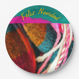 Feliz Navidad Fiesta On Pink & Green Sarape Paper Plate