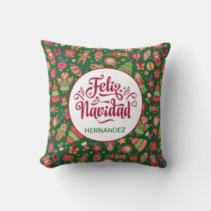Feliz Navidad Folk Art Green Personalised Cushion