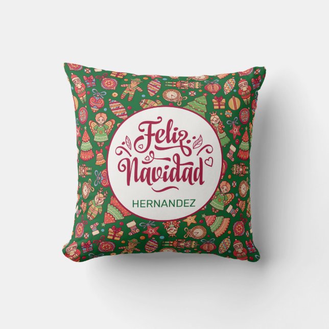 Feliz Navidad Folk Art Green Personalised Cushion (Front)