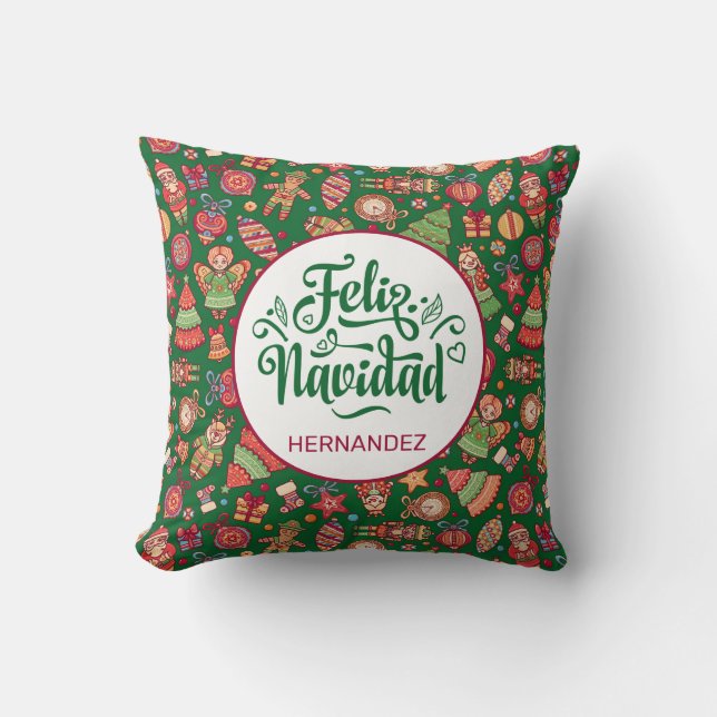 Feliz Navidad Folk Art Green Personalised Cushion (Front)