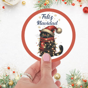 Feliz Navidad Funny Cat Classic Round Sticker