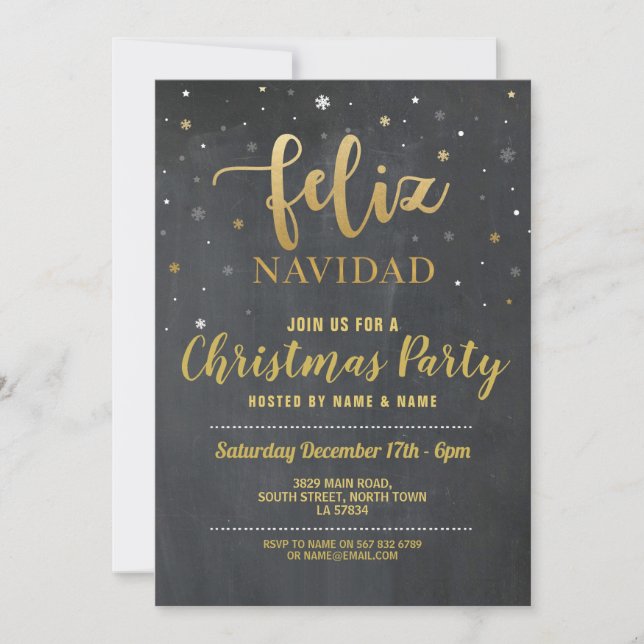 Feliz Navidad Gold & Black Chalk Christmas Party Invitation (Front)