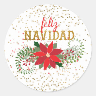 Feliz Navidad Gold Glitter Poinsettia Classic Round Sticker