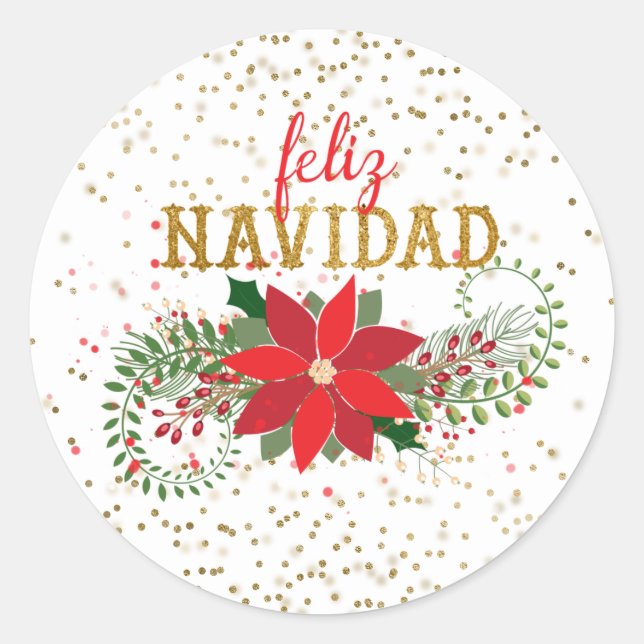 Feliz Navidad Gold Glitter Poinsettia Classic Round Sticker (Front)