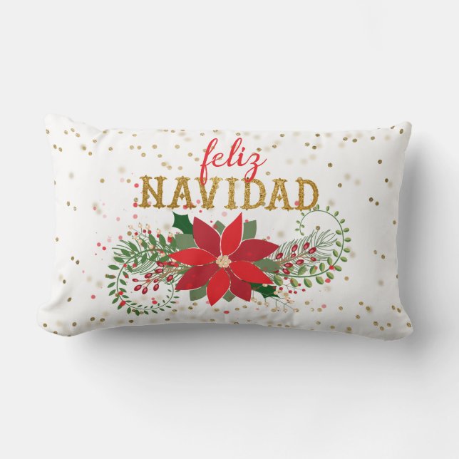 Feliz Navidad Gold Glitter Poinsettia Lumbar Cushion (Front)