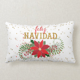 Feliz Navidad Gold Glitter Poinsettia Lumbar Cushion