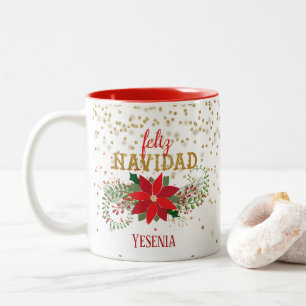 Feliz Navidad Gold Glitter Poinsettia Two-Tone Coffee Mug