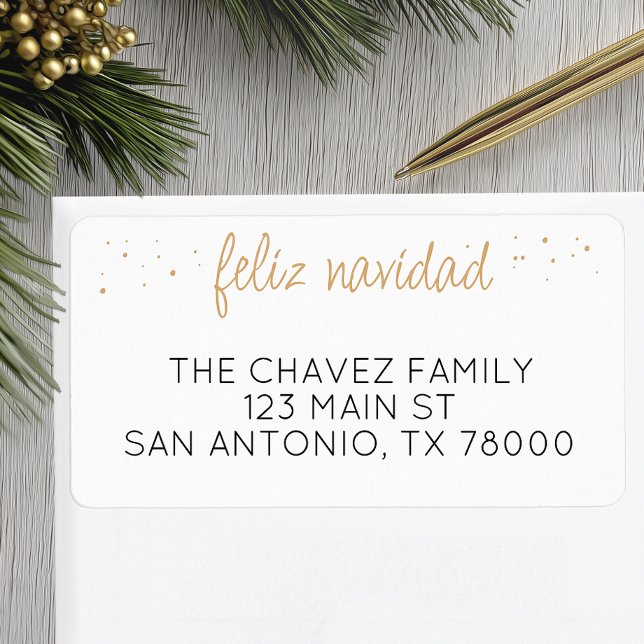 Feliz Navidad Gold Script Christmas Address Label (Feliz Navidad Christmas Address Label)